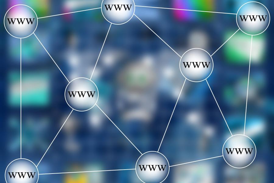 Abstract representation of a web network, with interconnected nodes labeled 'WWW' on a blurred blue background.