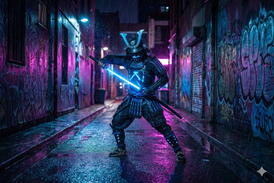  cybernetic samurai unsheathing a glowing katana, in a neon alleyway under the rain - gig.