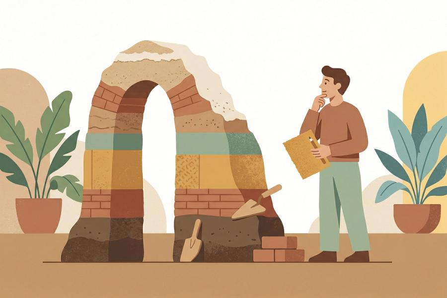 A clean, mid-century style illustration in muted earthy tones showing a thoughtful human figure standing next to an unfinished, arch-like structure made of stacked layers of colored earth and brick. Masonry tools and loose bricks rest nearby, suggesting steady, patient progress.