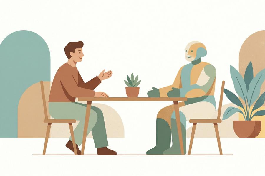 A clean, mid-century style illustration in muted earthy tones showing a human and a softly geometric non-human figure sitting across from each other at a simple wooden table. A small potted plant sits between them, suggesting a relaxed and friendly conversation in a peaceful setting.