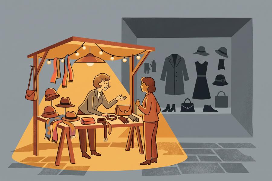 Illustration of a warm, lively market stall where an owner chats with a customer, standing out against a display window of a large store.