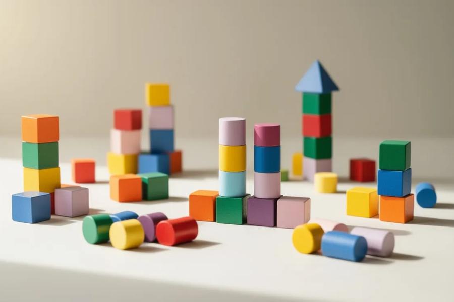Stacks of colourful wooden cubes, cylinders and a blue pyramid arranged into small towers on a light table